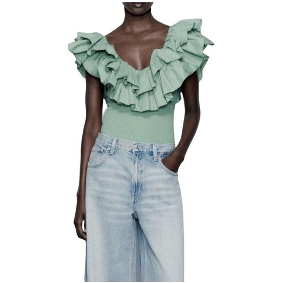 Zara Tops - Zara Forest Fairy Bodysuit Size M Ruffle Coquette Feminine Dainty Festival Green
